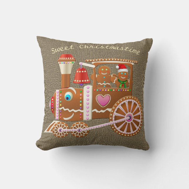 Gingerbread Christmas Train Cartoon Throw Pillow (Front)
