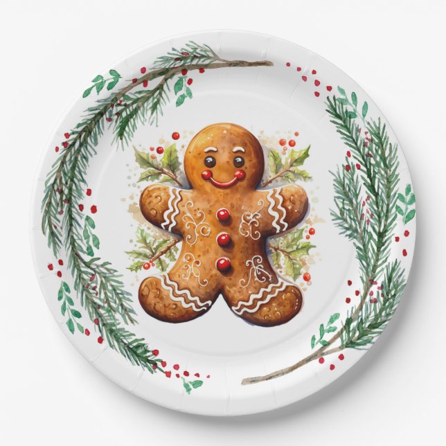 Gingerbread Cookie and Christmas Holly Paper Plates (Front)