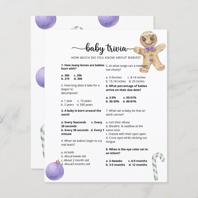Gingerbread cookie Baby Trivia Baby Shower Game (Front/Back)