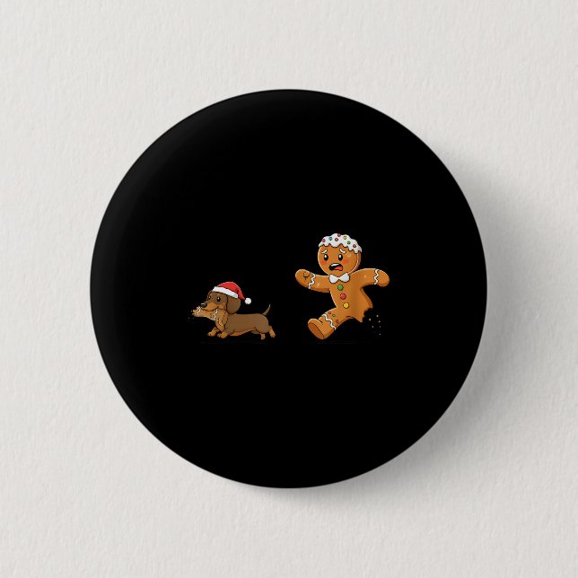 Gingerbread Cookie Chasing Dachshund Christmas Dog Button (Front)