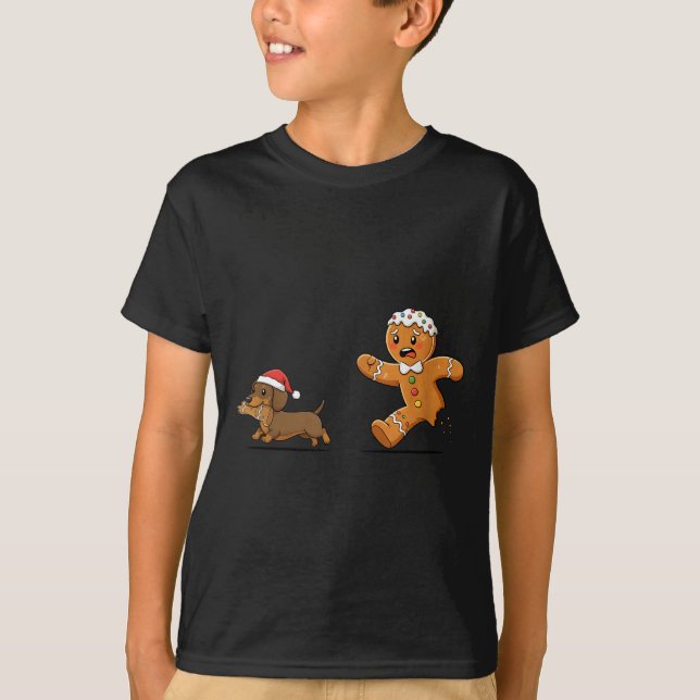 Gingerbread Cookie Chasing Dachshund Christmas Dog T-Shirt (Front)