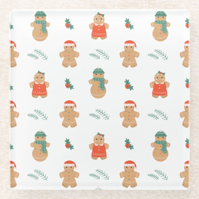 Gingerbread Cookie Christmas Pattern Glass Coaster (Front)