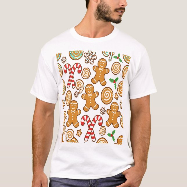Gingerbread Cookie Christmas Pattern T-Shirt (Front)