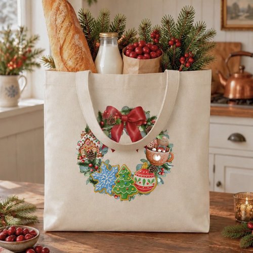 Gingerbread Cookie Christmas Wreath Large Tote Bag