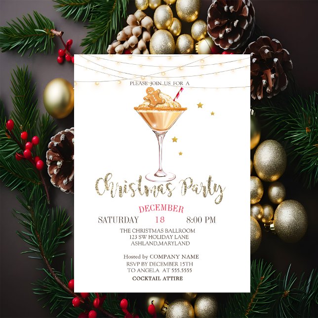 Gingerbread Cookie,Cocktail,Lights Gold Christmas Invitation (Creator Uploaded)