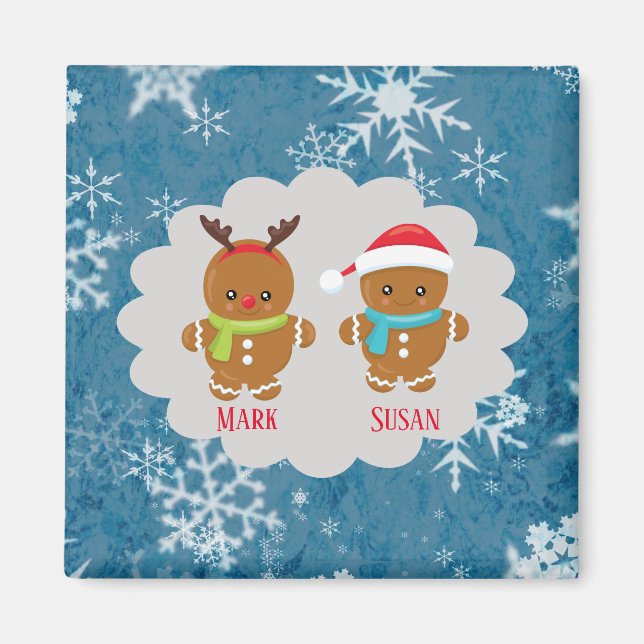 Gingerbread Cookie Couple with Names Snowflakes Magnet (Front)