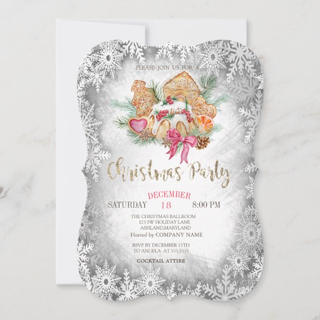 Gingerbread Cookie,Gray Snowflakes Christmas Invitation (Front)