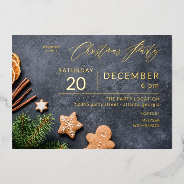 Gingerbread Cookie & Orange Christmas Party Foil Invitation (Front)