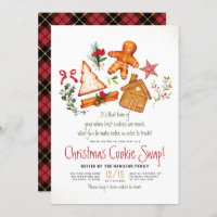 Gingerbread Cookie Red Plaid Christmas Cookie Swap Invitation