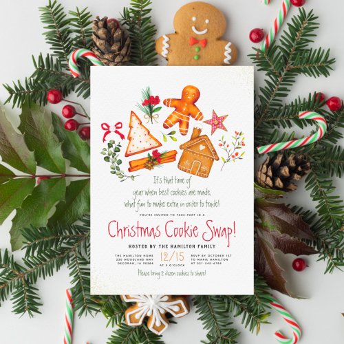 Gingerbread Cookie Red Plaid Christmas Cookie Swap Invitation