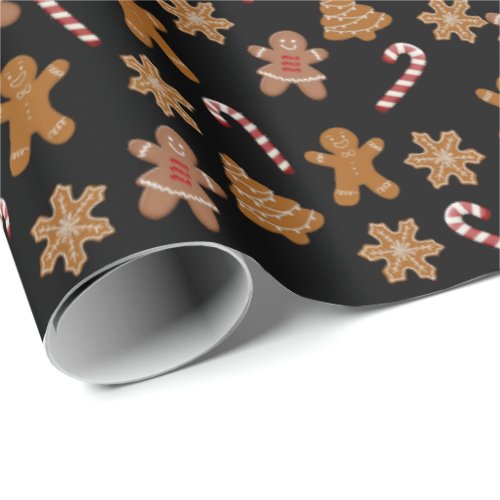 gingerbread cookies and candy canes on black wrapping paper