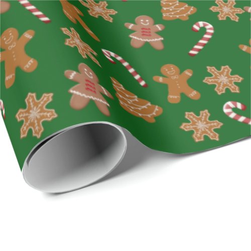 Gingerbread Cookies and Candy Canes on Green Wrapping Paper