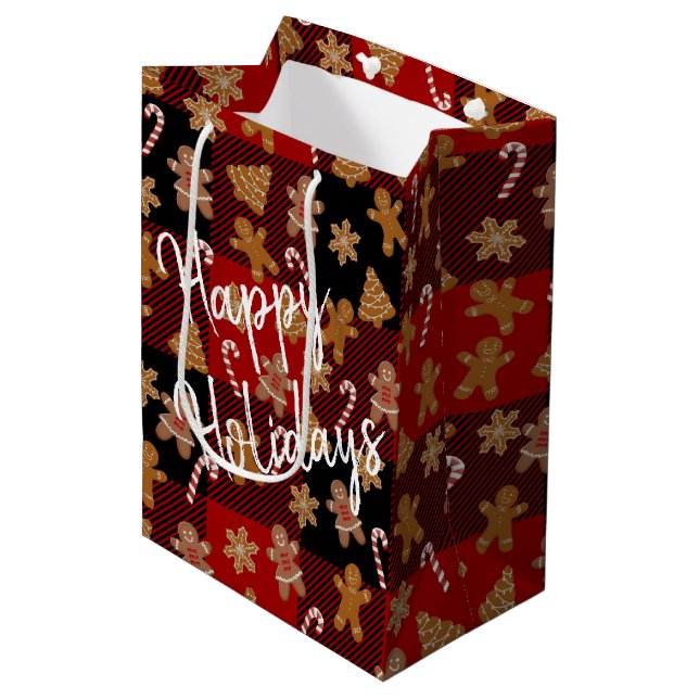 Gingerbread Cookies and Candy Canes on Plaid Medium Gift Bag (Front Angled)