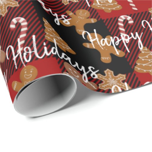 Gingerbread Cookies and Candy Canes on Plaid Wrapping Paper