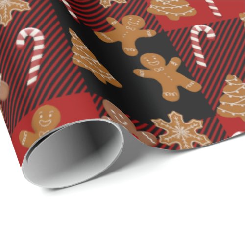 Gingerbread Cookies and Candy Canes on Plaid Wrapping Paper