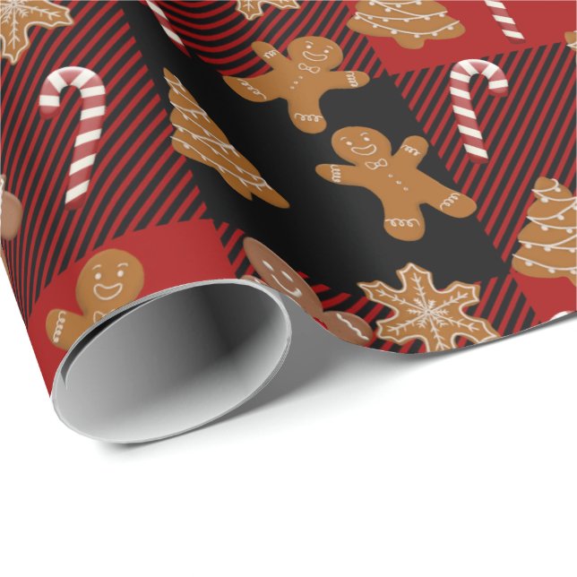 Gingerbread Cookies and Candy Canes on Plaid Wrapping Paper (Roll Corner)