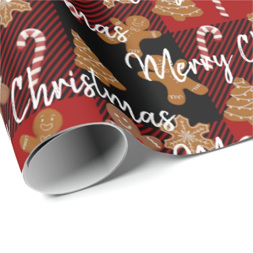 Gingerbread Cookies and Candy Canes on Plaid Wrapping Paper