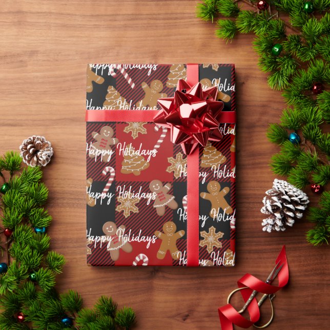 Gingerbread Cookies and Candy Canes on Plaid Wrapping Paper (Holiday Gift)