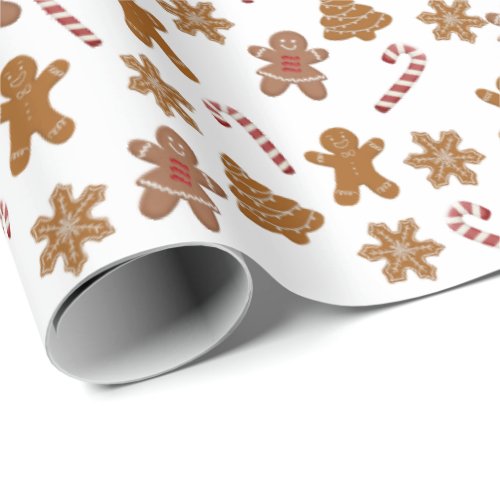 gingerbread cookies and candy canes on white wrapping paper