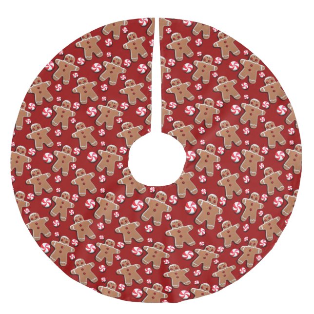Gingerbread Cookies Candies Red Brushed Polyester Tree Skirt (Front)