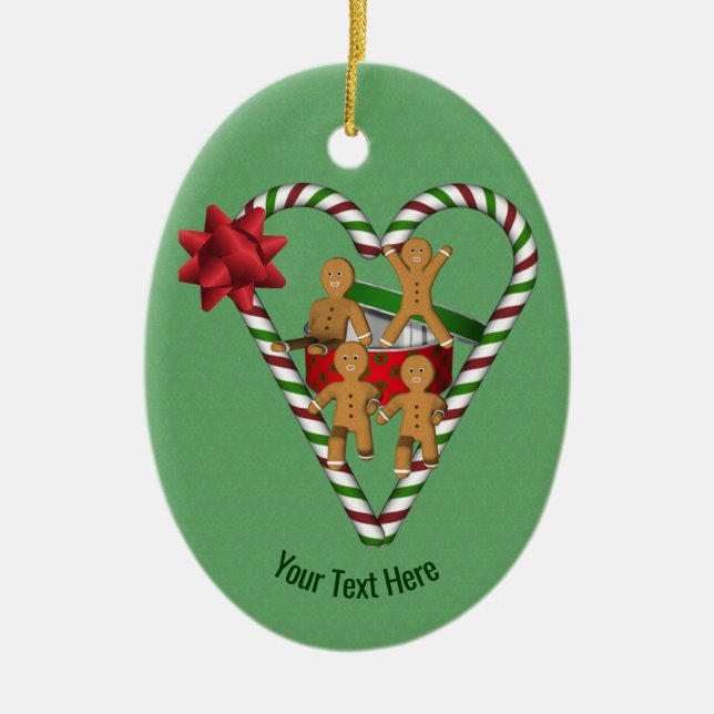 Gingerbread Cookies Candy Cane Heart Personalized Ceramic Ornament (Front)