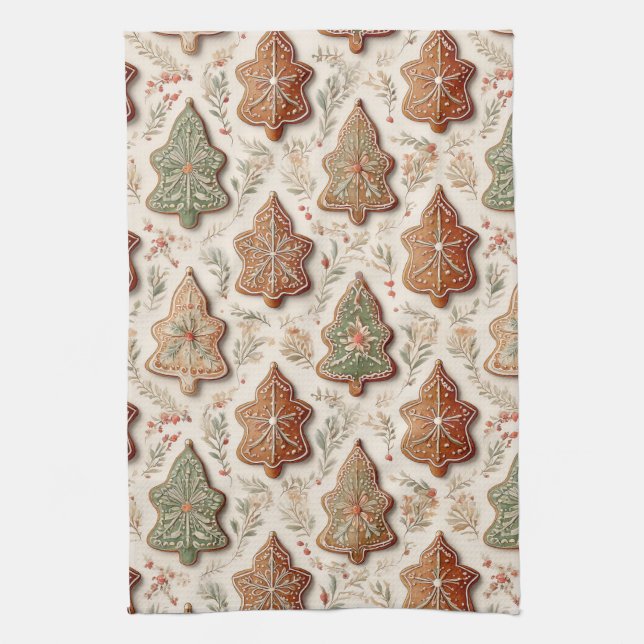 Gingerbread Cookies - Christmas Trees & Stars Kitchen Towel (Vertical)