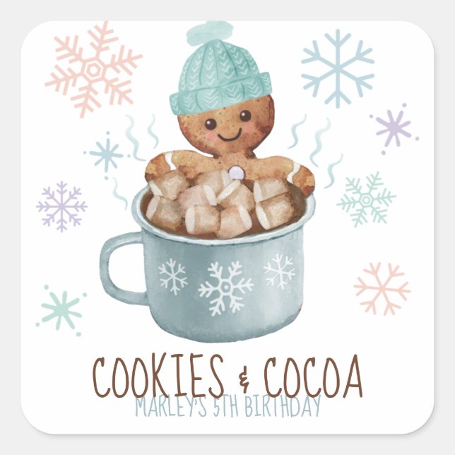Gingerbread Cookies & Cocoa Boy Winter Birthday Square Sticker (Front)