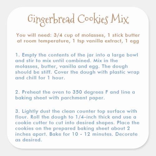 Gingerbread Cookies Mix Instructions Square Sticker