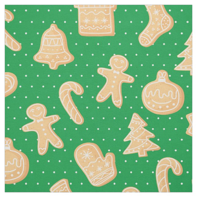 Gingerbread Cookies on Green Dots Pattern Holiday Fabric (Swatch)