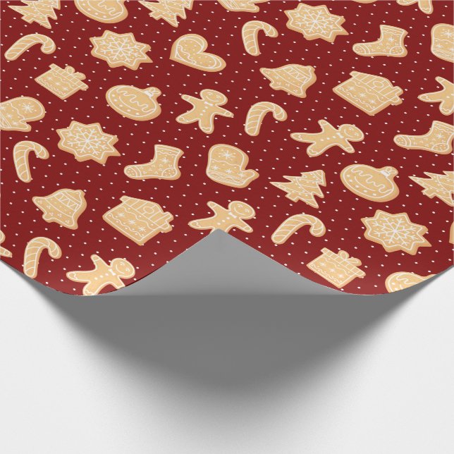 Gingerbread Cookies on Red Dots Pattern Holiday Wrapping Paper (Corner)