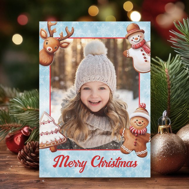 Gingerbread Cookies Photo Frame Blue Background Holiday Card (Creator Uploaded)