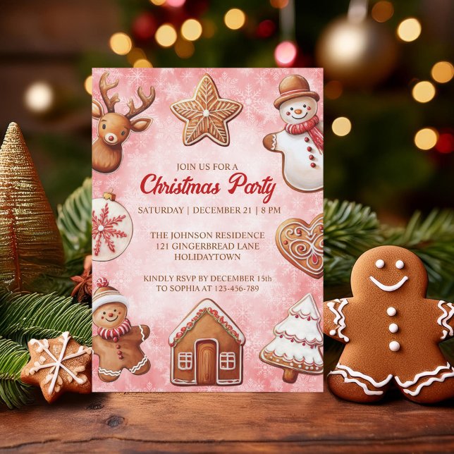 Gingerbread Cookies Red Background Christmas Party Invitation (Creator Uploaded)