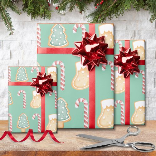 Gingerbread Cookies Tree Candy Cane Stocking Wrapping Paper