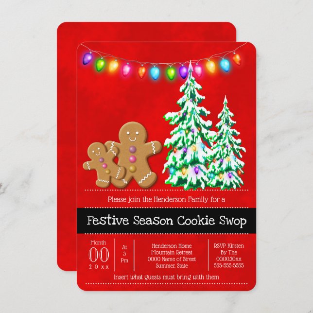 Gingerbread cookies Xmas tree lights festive red Invitation (Front/Back)