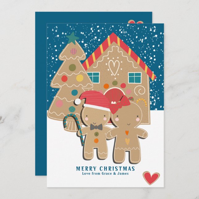 Gingerbread Couple Christmas Tree in Snow Holiday Card (Front/Back)