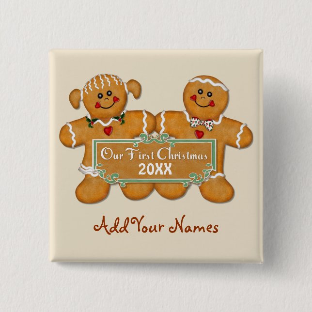 Gingerbread Couple First Christmas Pinback Button (Front)