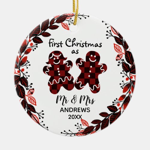 Gingerbread Couples First Christmas Buffalo Plaid Ceramic Ornament