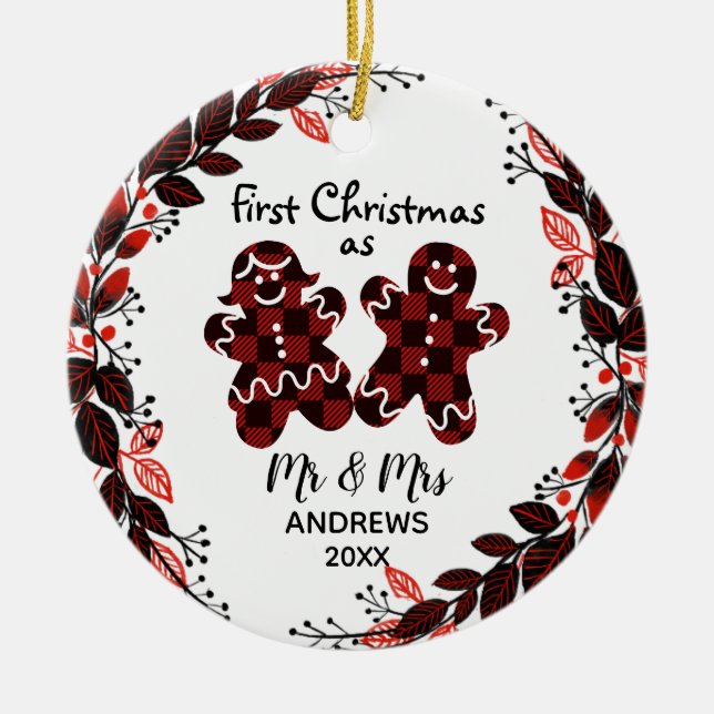 Gingerbread Couples First Christmas Buffalo Plaid Ceramic Ornament (Front)