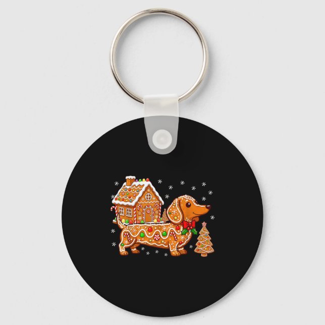 Gingerbread Dachshund Christmas Tree House Cookie  Keychain (Front)