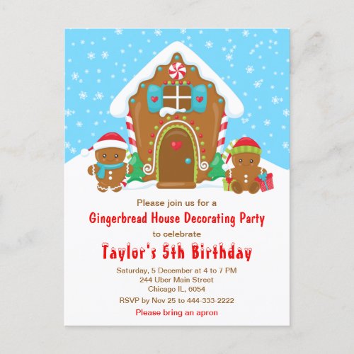 Gingerbread Decorating Birthday Party Blue and Red Postcard
