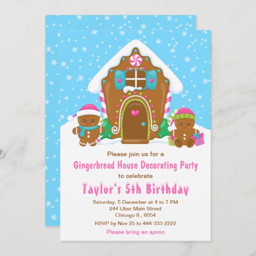 Gingerbread Decorating Birthday Party Blue Pink Invitation