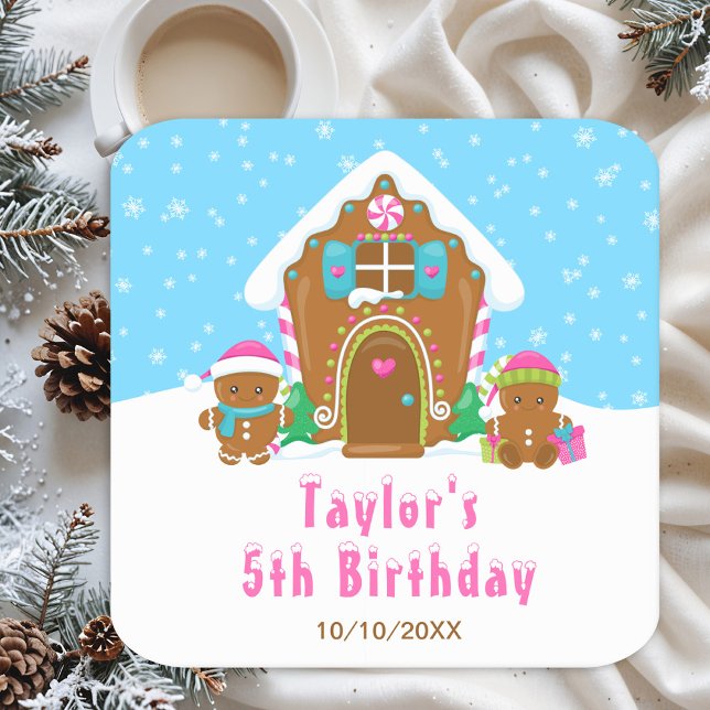Gingerbread Decorating Birthday Party Blue Pink Square Paper Coaster (Creator Uploaded)