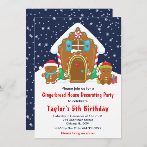Gingerbread Decorating Birthday Party Navy and Red Invitation