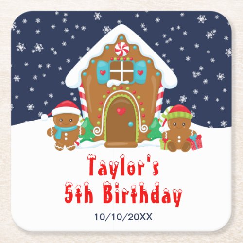 Gingerbread Decorating Birthday Party Navy and Red Square Paper Coaster