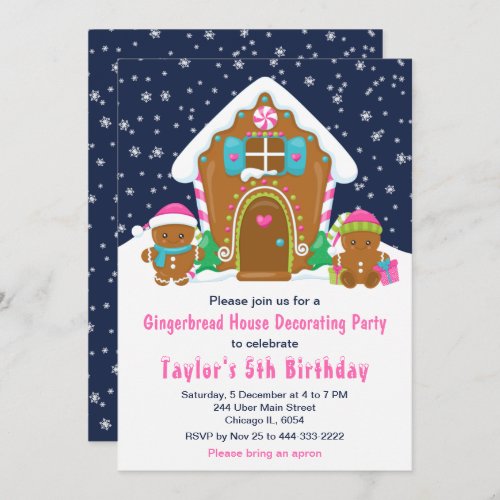 Gingerbread Decorating Birthday Party Navy Pink Invitation