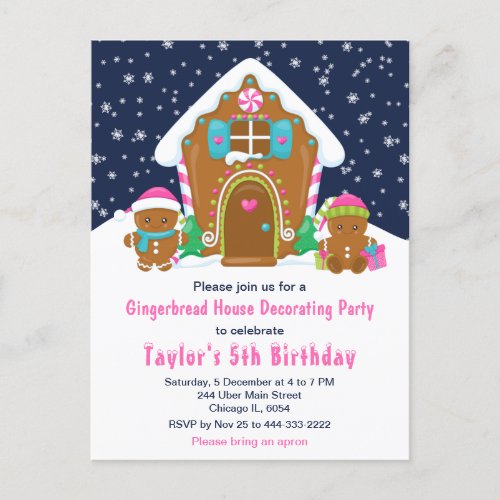 Gingerbread Decorating Birthday Party Navy Pink Postcard