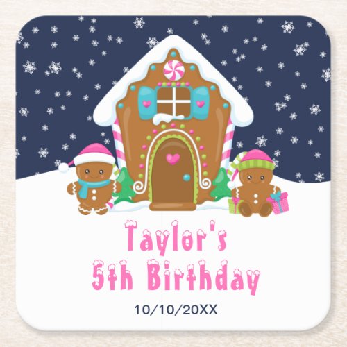 Gingerbread Decorating Birthday Party Navy Pink Square Paper Coaster
