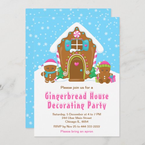 Gingerbread Decorating Party Bright Blue and Pink Invitation