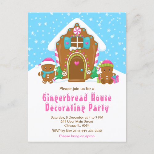 Gingerbread Decorating Party Bright Blue and Pink Postcard