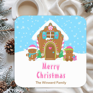 Gingerbread Decorating Party Bright Blue and Pink Square Paper Coaster